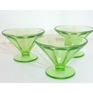 Vintage Federal Green Vaseline Uranium Sherbet Sundae Glass SET OF 3